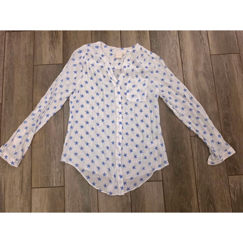 Zac & Rachel Women Blue Star Print Gauze Button Up Blouse White Size M